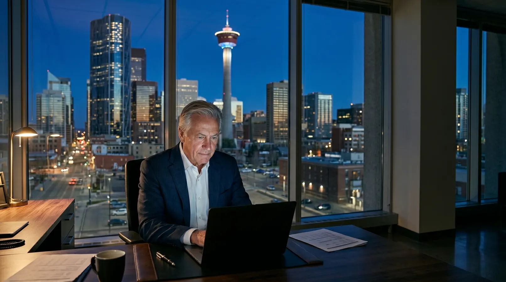 Executive working late in a Calgary office tower