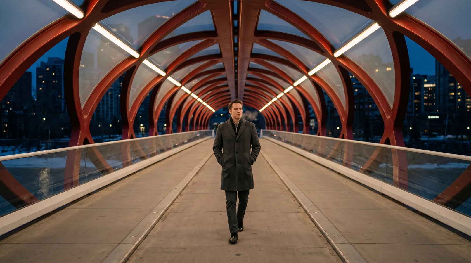Peace Bridge spanning the Bow River at dusk